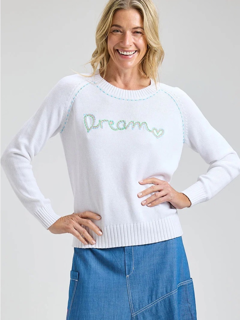 White 'Dream' Embroidered Crewneck Sweater